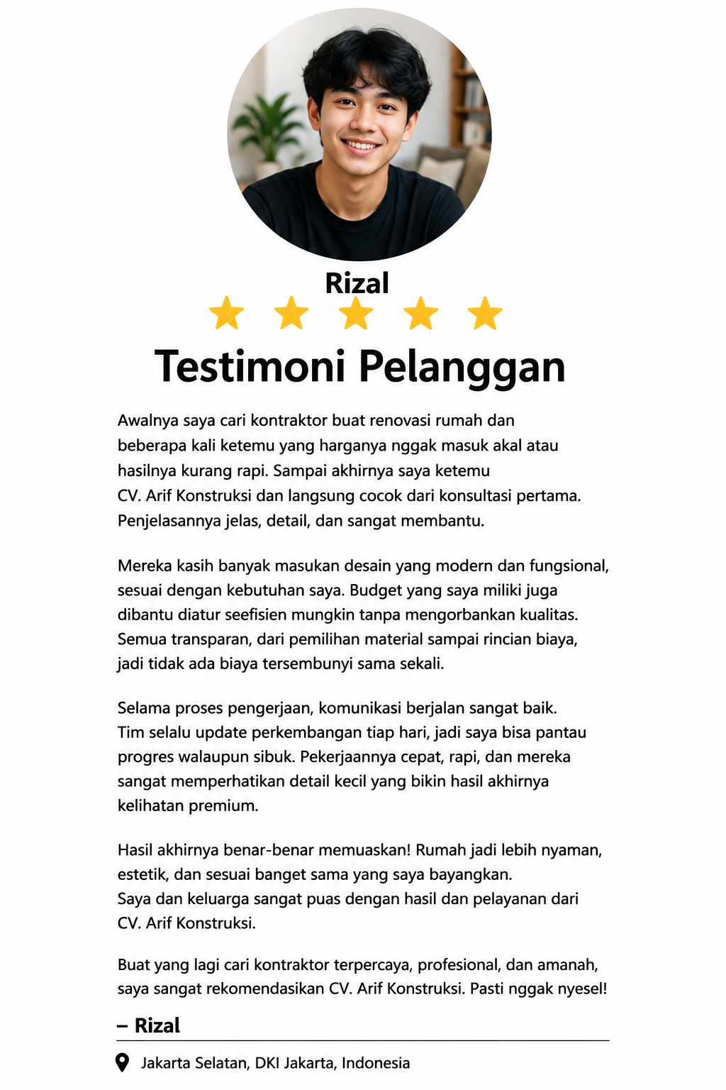 Testimoni Pelanggan Renovasi Rumah di Jakarta – Rizal
