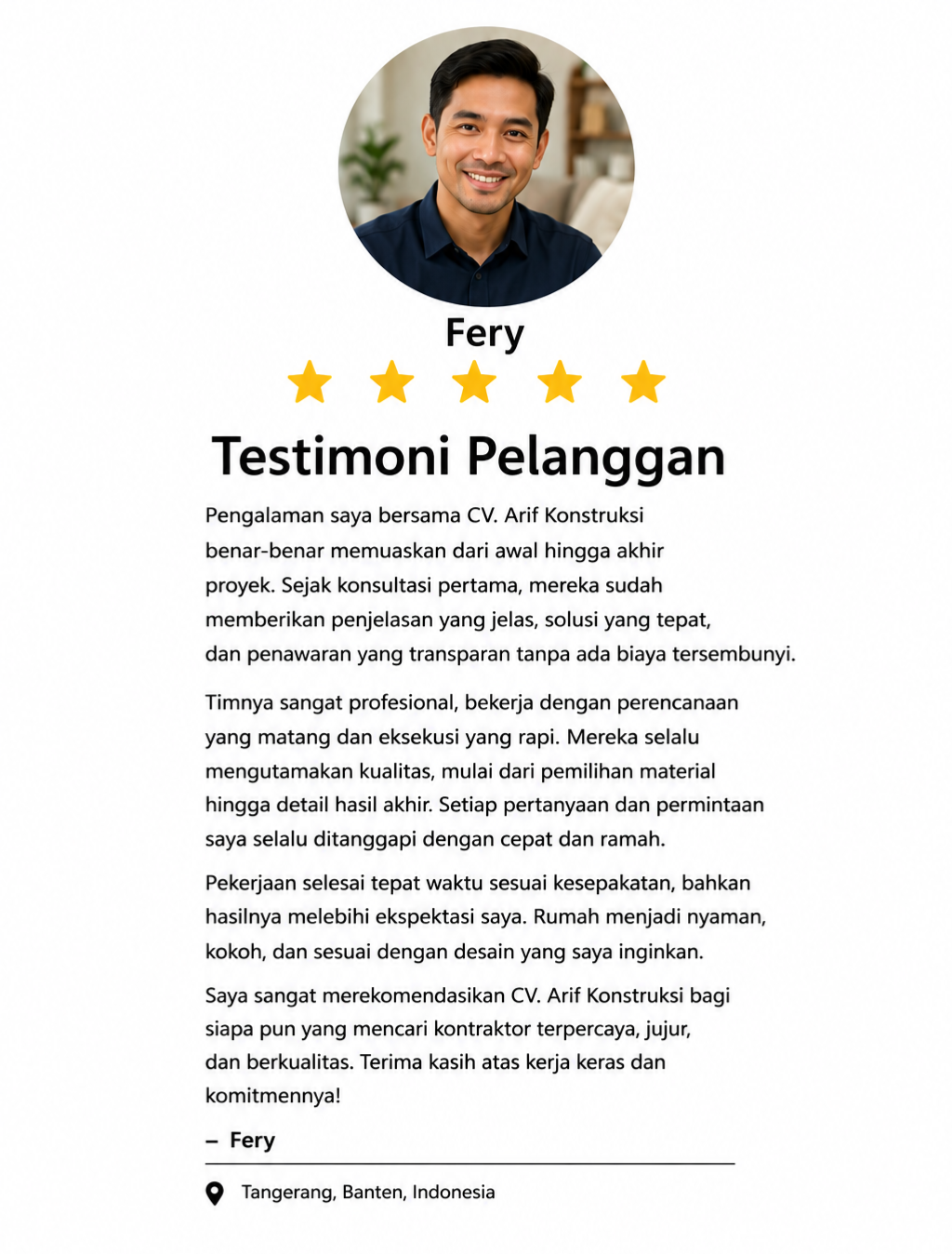 Testimoni Pelanggan Renovasi Rumah di Tangerang – Fery